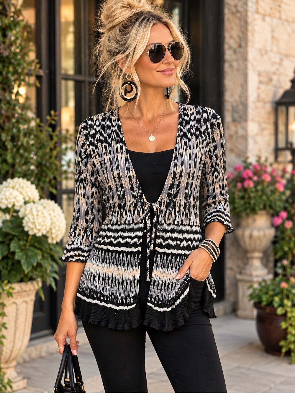 Notations M Abstract Print Cardigan Top Black Tan Gray Layered Cami